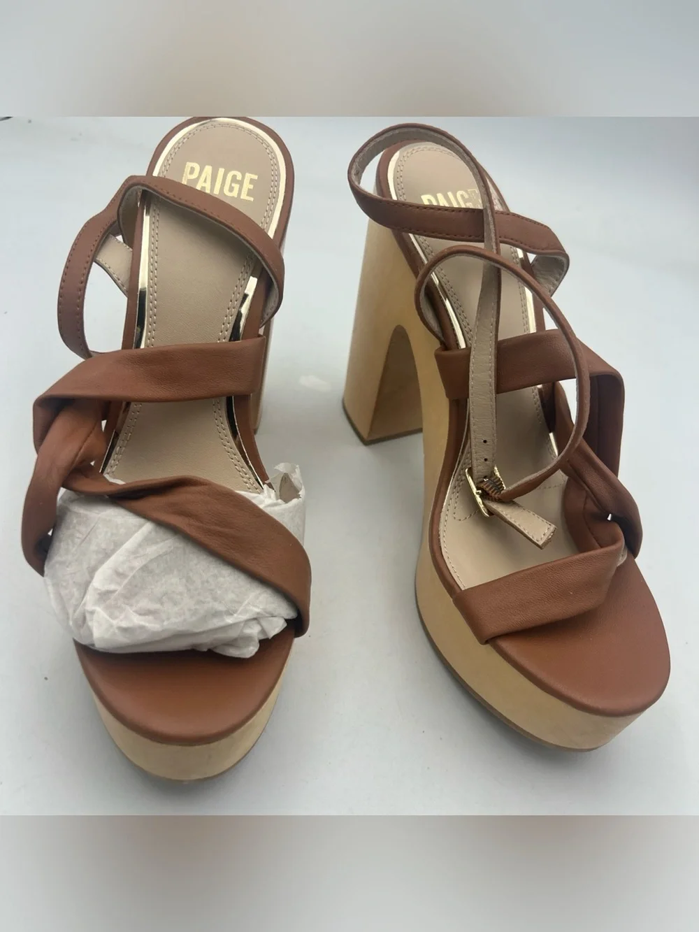 PAIGE Cayden Leather Ankle Strap Platform Sandal Woodgrain Block Heel Size 9 NEW